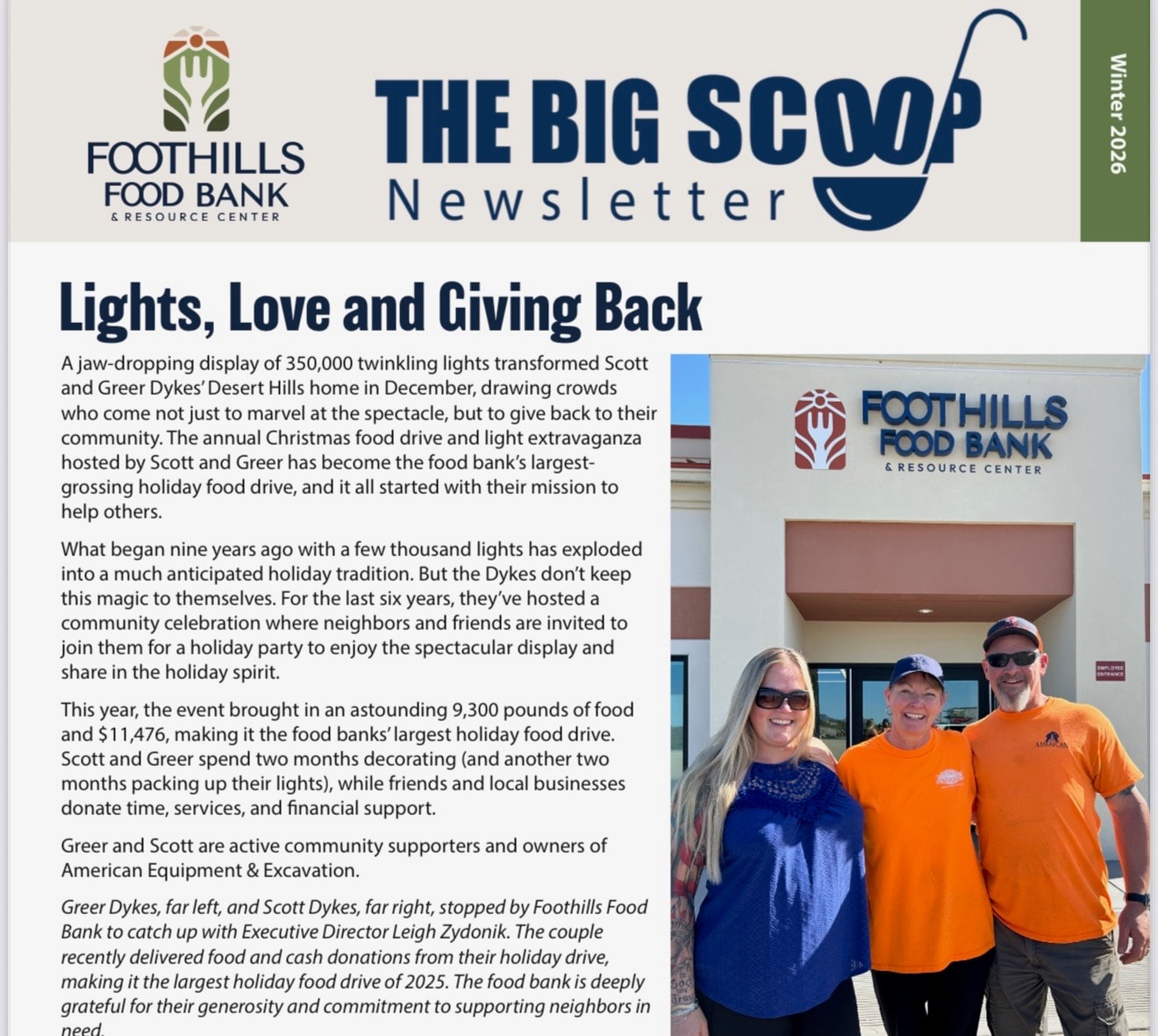 Foothills Food Bank Big Scoop Newsletter featuring Greer and Scott Dykes